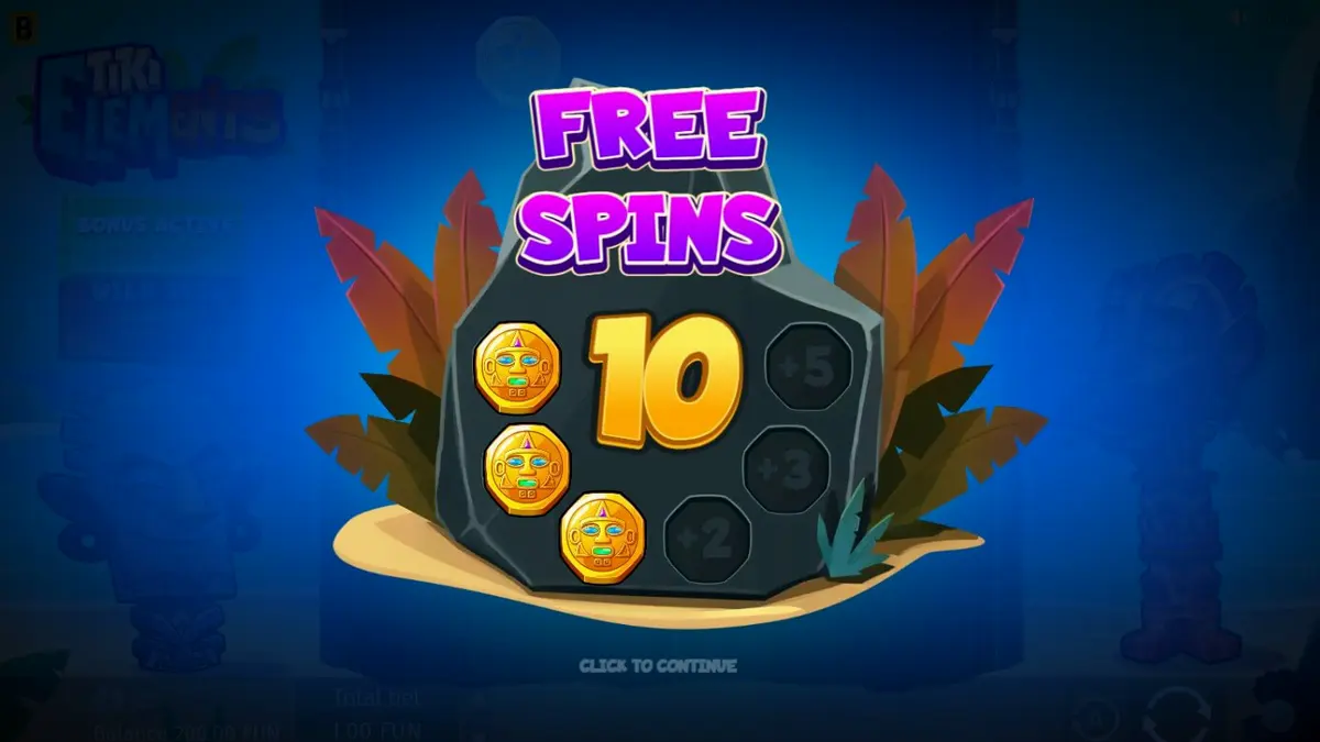Tampilan visual slot Tiki Elements dengan latar belakang pulau tropis dan simbol topeng Tiki.