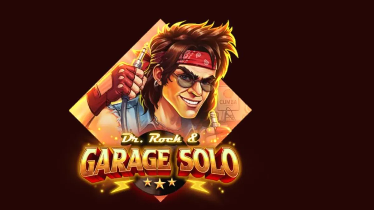 Panggung konser rock dalam slot Dr. Rock & Garage Solo dengan elemen visual musik yang meriah