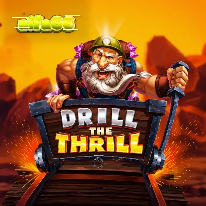 Pemandangan visual slot Drill the Thrill dengan simbol pertambangan dan maskot penambang.